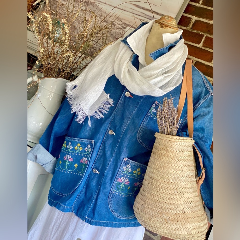 YMC Blue Labor Denim Jacket. Utility style jacket. Embroidered detail. Oversized